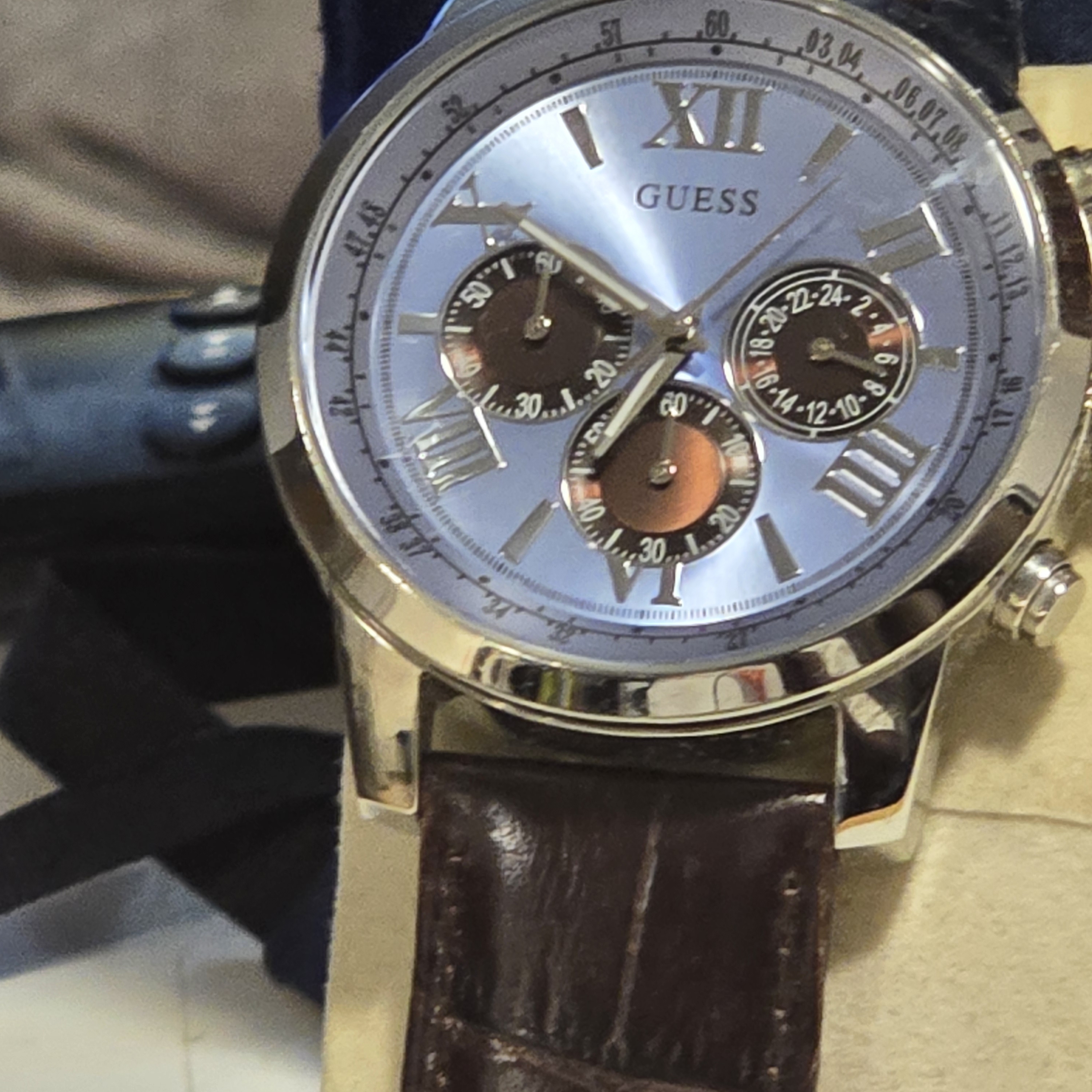 Guess Silver Dial With Brown Leather Strap Watch